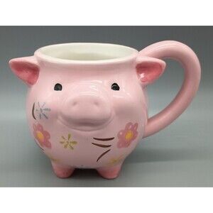 Boston Warehouse  Pink Pig Mug Figural Pink Flowers Hand Painted